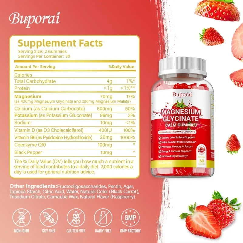 Magnesium Glycinate Gummies - Dietary Supplement, Promotes Muscle, Joint & Bone Health, Relieves Muscle Cramps, Natural Sleep