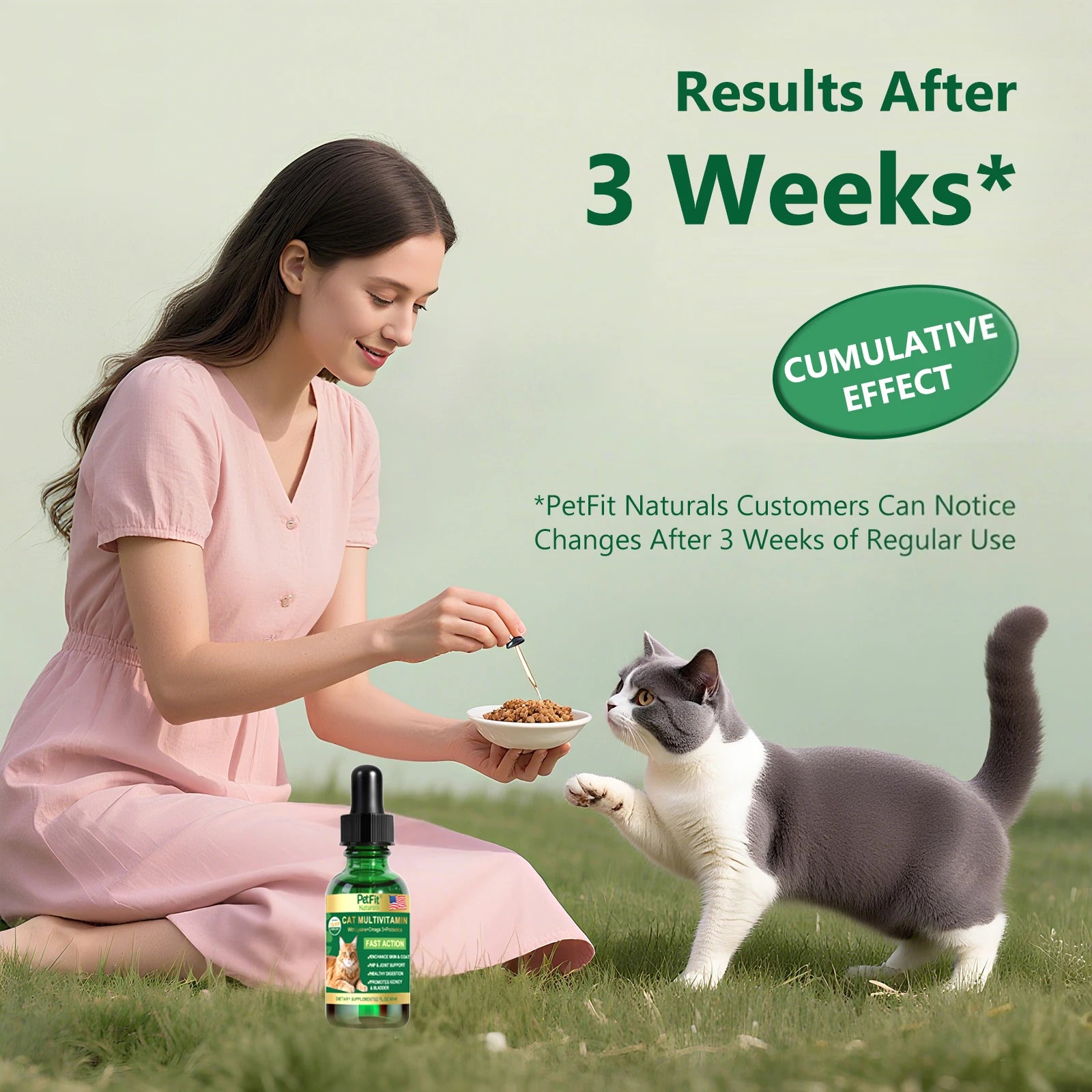 PetFit Naturals 2oz Liquid Cat Vitamins Lysine Probiotics Omega3 Supplement for Feline Kidney Immunity Skin Digestive Health