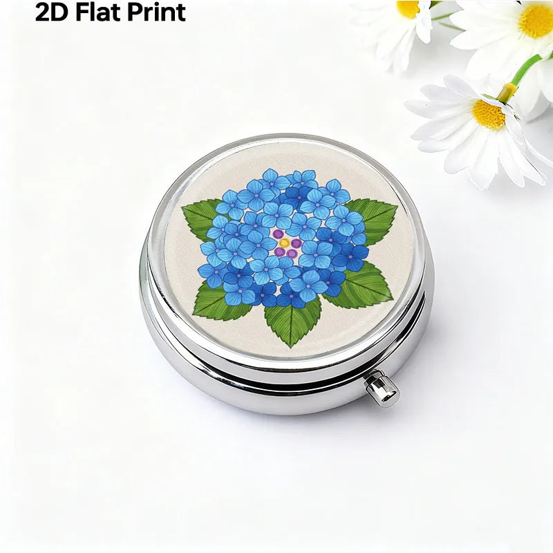 Portable Mini Metal Pill Box Blue Hydrangea Floral 3 Compartment Medicine Case Travel Pill Organizer Small Pocket Vitamin Storage Holder for Purse Floral Pattern Medicine Dispensing Container Compact Durable Health Care Gift for Women Mom