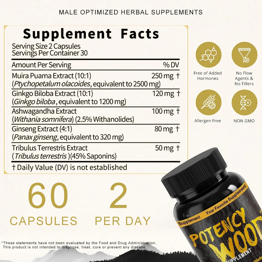 Ginseng Ashwagandha Gingko Tribulus, Herbal Supplements 60 Capsules, Adaptogen Energy Stamina lmmune Antioxidants Gut Health