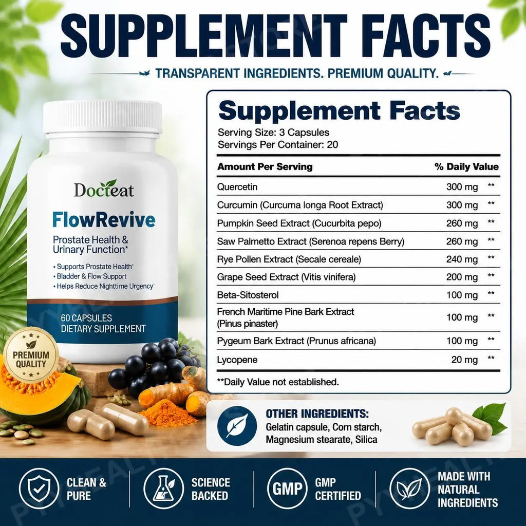 Docteat FlowRevive Men’s Saw Palmetto Prostate Health Supplement with Beta Sitosterol Pygeum Quercetin Curcumin 60 Capsules