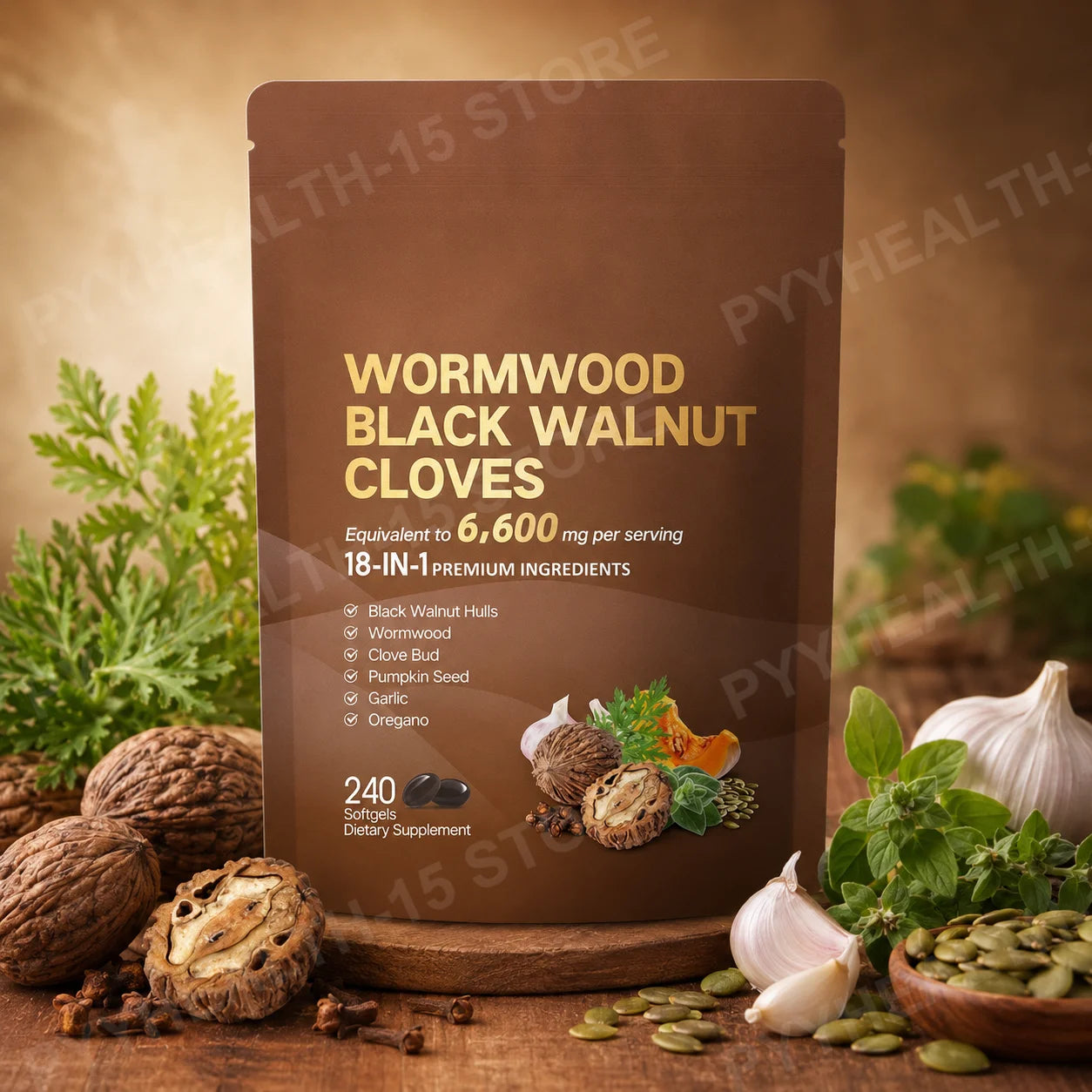 18-in-1 Wormwood Black Walnut Clove Softgels 6600mg Herbal Blend with Garlic Pumpkin Seed Oregano Daily Wellness 240 Softgels