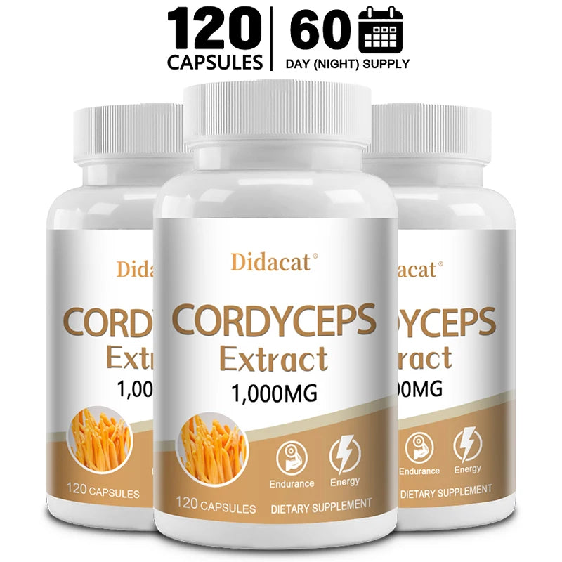 Natural Cordyceps 1000 Mg Supplement - Non-GMO 120 Capsules, Stamina and Energy Support, Helps Immune & Cardiovascular Health