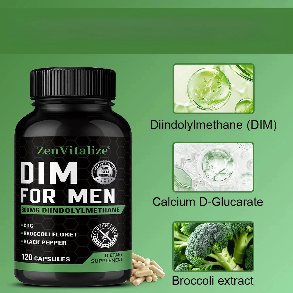 DIM Supplement for Men 300mg | Extra Strength Men’s Health Supplement with Broccoli and Black Pepper, Gluten-Free