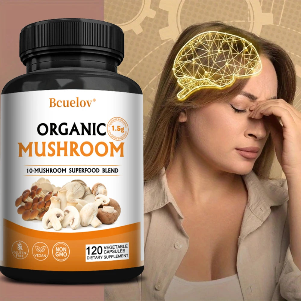 Mushroom Complex Capsules Supplement Support Immunity and Focus Health Boost Memory Protect Brain Nerves for Men Women
