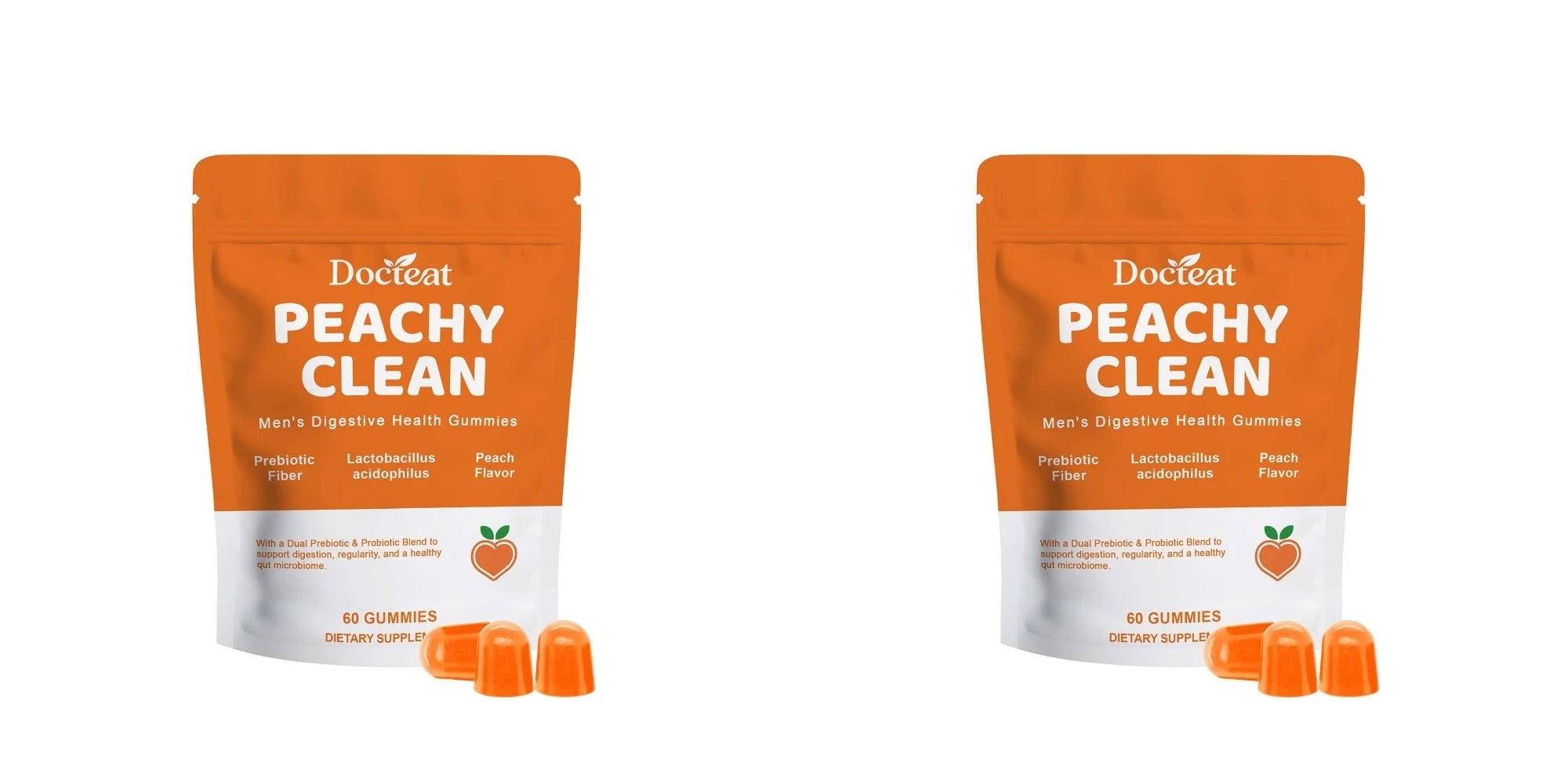 Docteat Peachy Clean Men's Digestive Health Gummies Prebiotic & Probiotic Blend Peach Flavor 60 Gummies Dietary Supplement