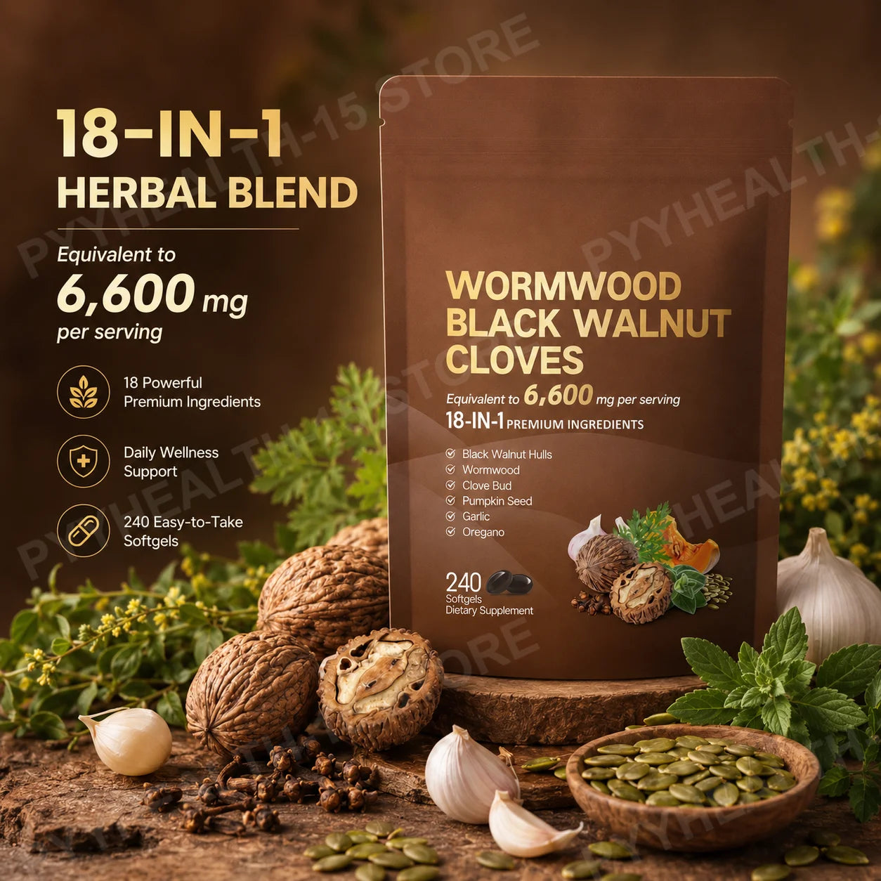 18-in-1 Wormwood Black Walnut Clove Softgels 6600mg Herbal Blend with Garlic Pumpkin Seed Oregano Daily Wellness 240 Softgels
