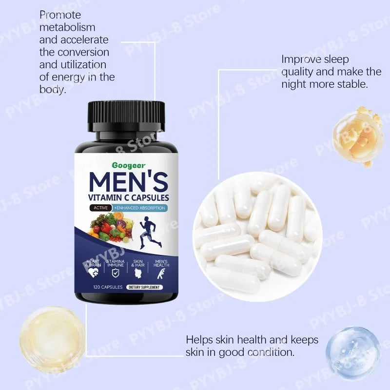 Men's VitaminC Capsule 120Count Dietary Supplement with Sodium Support Skin Hair Health Enhanced Immunity & Nutrient Absorption