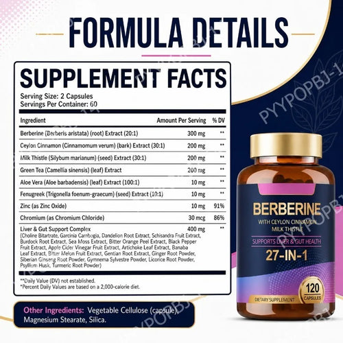 27 in 1 Berberine Supplement with Ceylon Cinnamon, Milk Thistle for Liver Gut Health Immunity Men & Women 120 Vegan Capsules