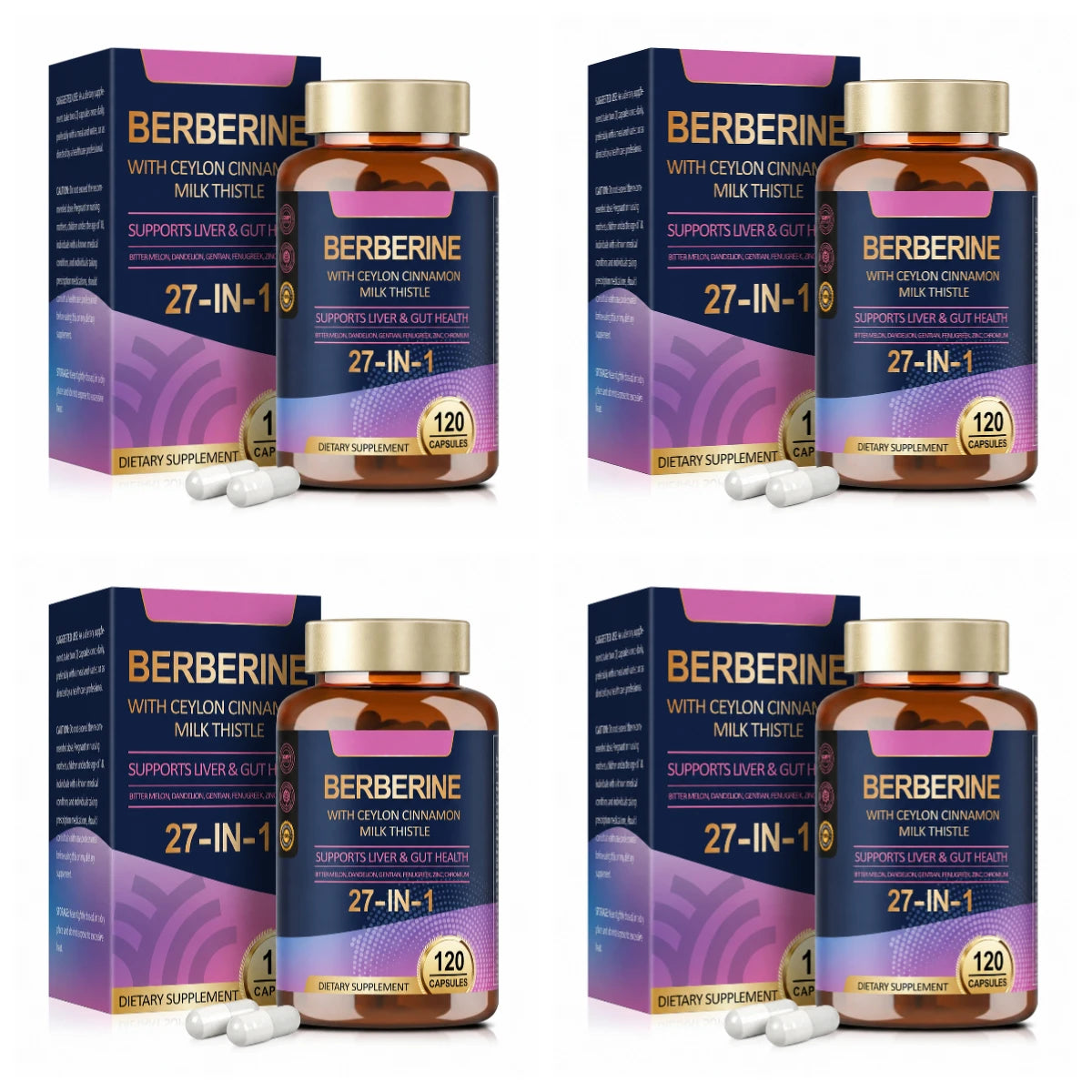 27 in 1 Berberine Supplement with Ceylon Cinnamon, Milk Thistle for Liver Gut Health Immunity Men & Women 120 Vegan Capsules