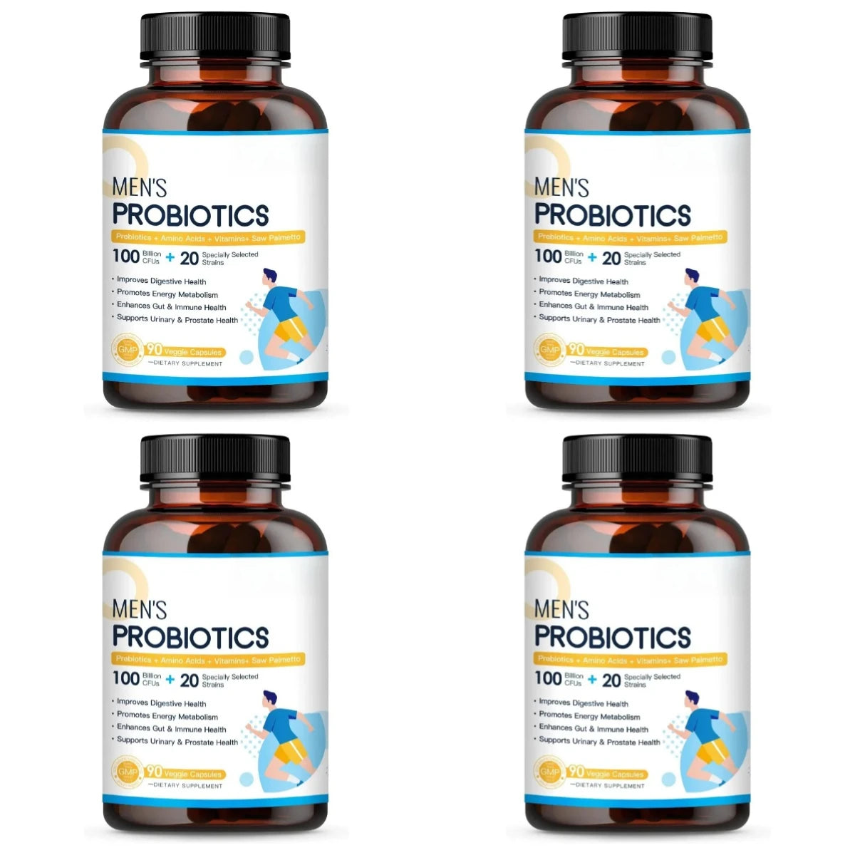 Men’s Probiotic Supplement 100 Billion CFU 20 Strains Prebiotics Digestive Enzymes Vitamins Gut Health Daily Wellness 90 Count