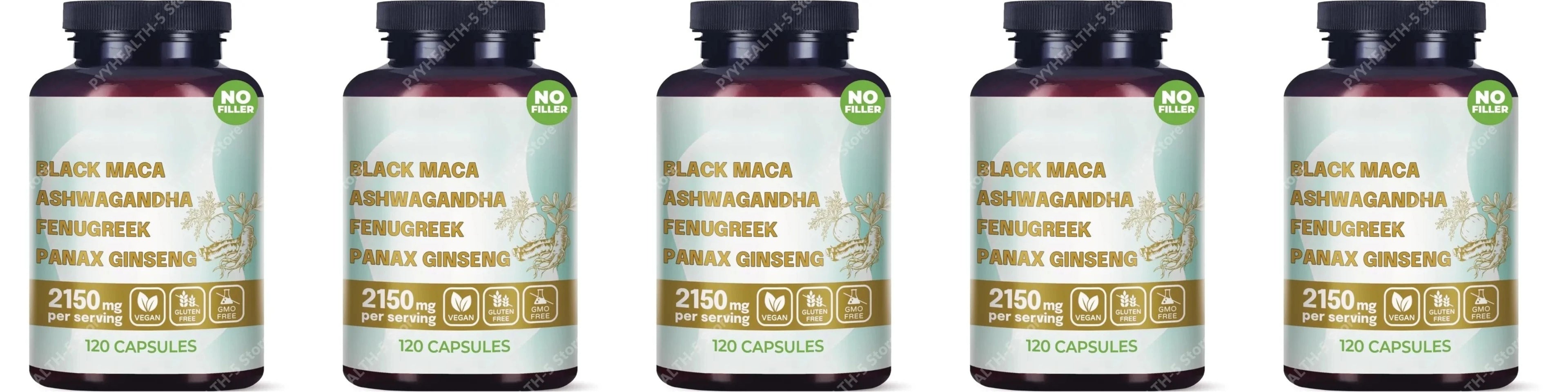 4-in-1 Organic Black Maca Root Ashwagandha Fenugreek Panax Ginseng Capsules 120 Count Male & Female Energy Support Supplement