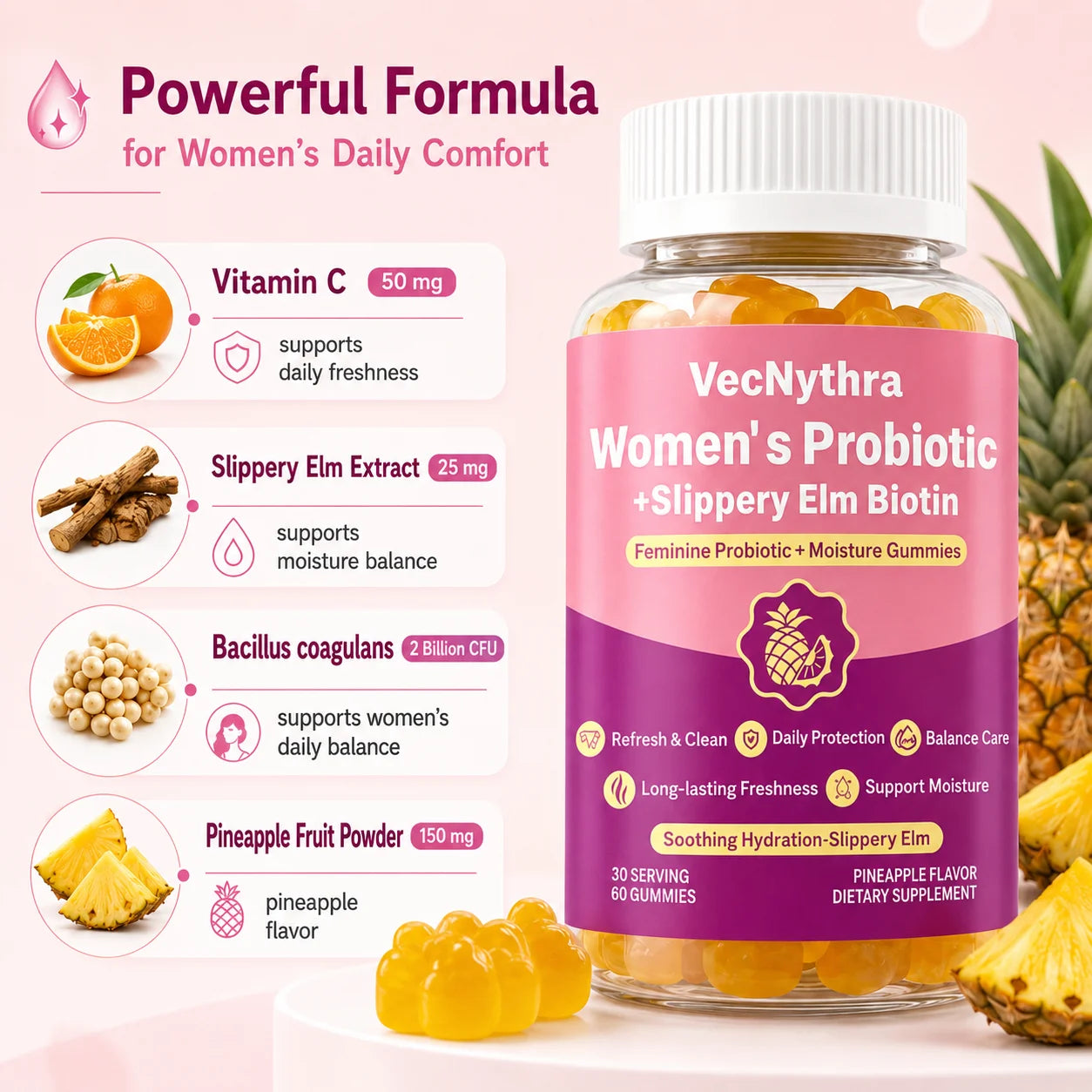 VecNythra Women's Daily Balance Probiotic Gummies with Vitamin C Slippery Elm Biotin 2 Billion CFU 60 Gummies