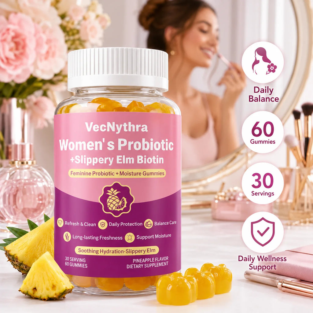 VecNythra Women's Daily Balance Probiotic Gummies with Vitamin C Slippery Elm Biotin 2 Billion CFU 60 Gummies