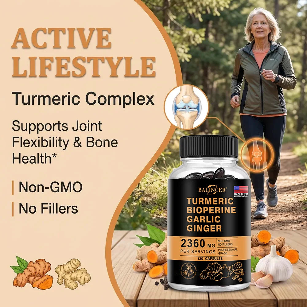 Turmeric Ginger Capsules 2360mg with Curcumin 95%, Garlic & Black Pepper, Joint Support, Digestion & Immune Health Supplement