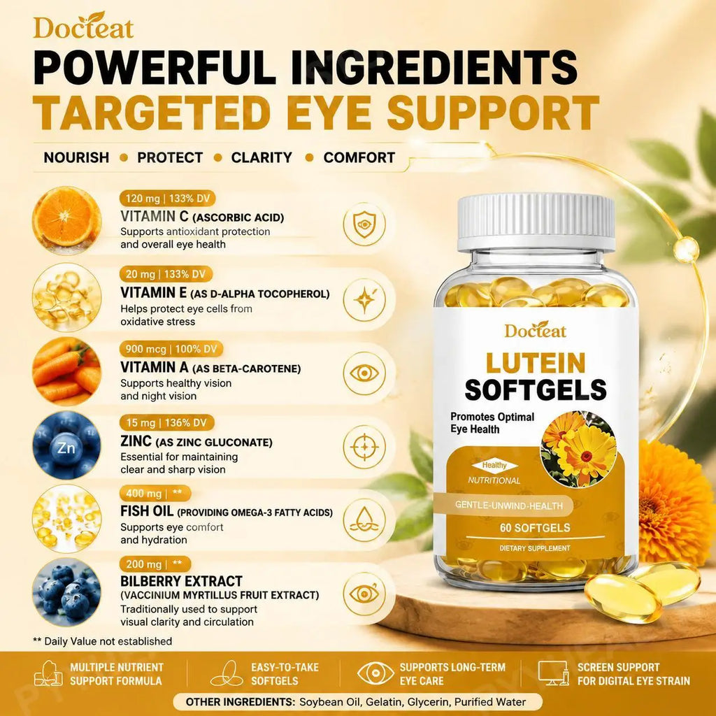 Docteat Lutein Zeaxanthin Softgels with Bilberry Fish Oil Astaxanthin,Eye Health Daily Wellness Supplement for Adults60 Softgels