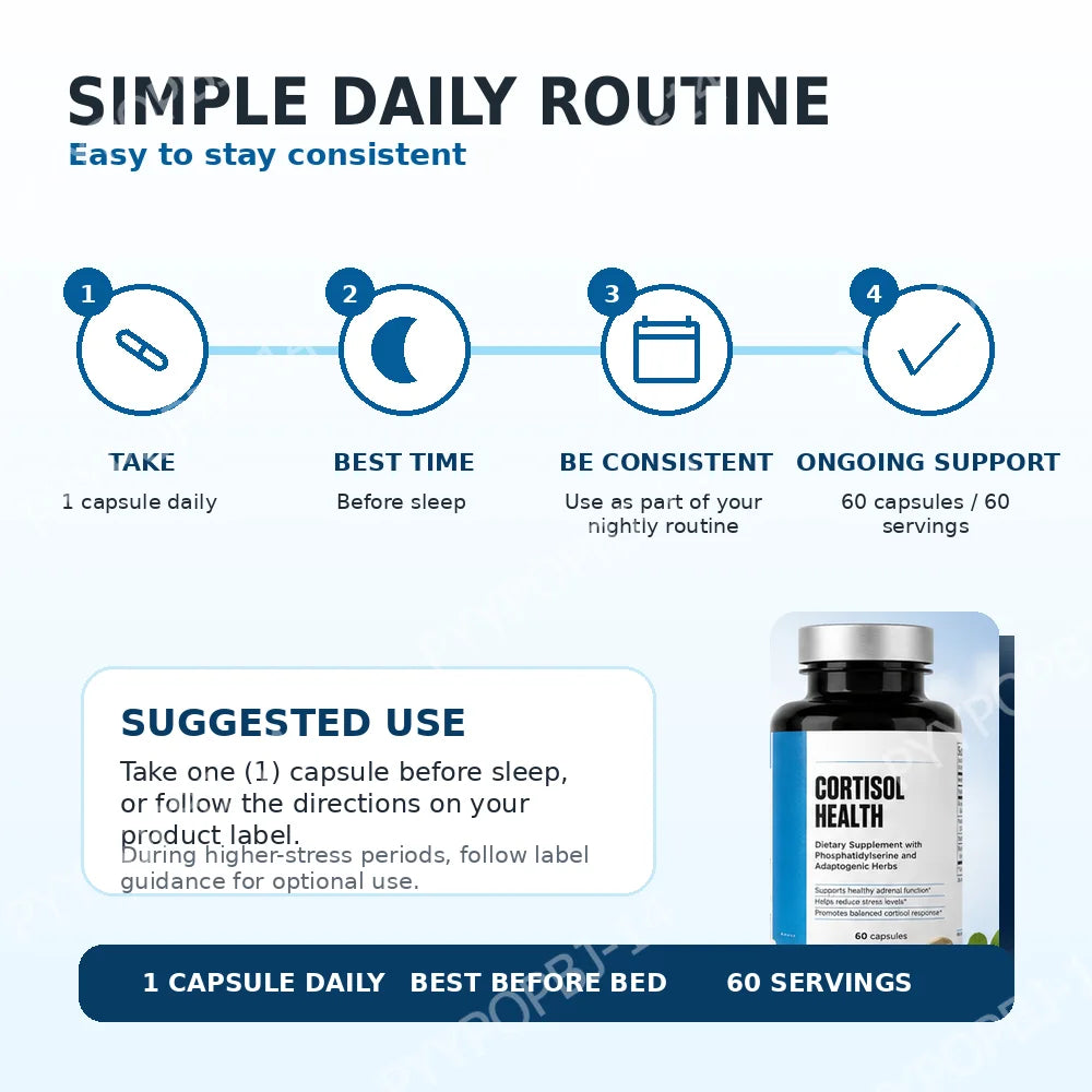 60 Capsules Cortisol Health Supplement with Phosphatidylserine & Magnesium Non-GMO Daily Adult Men Women Calm Sleep Support