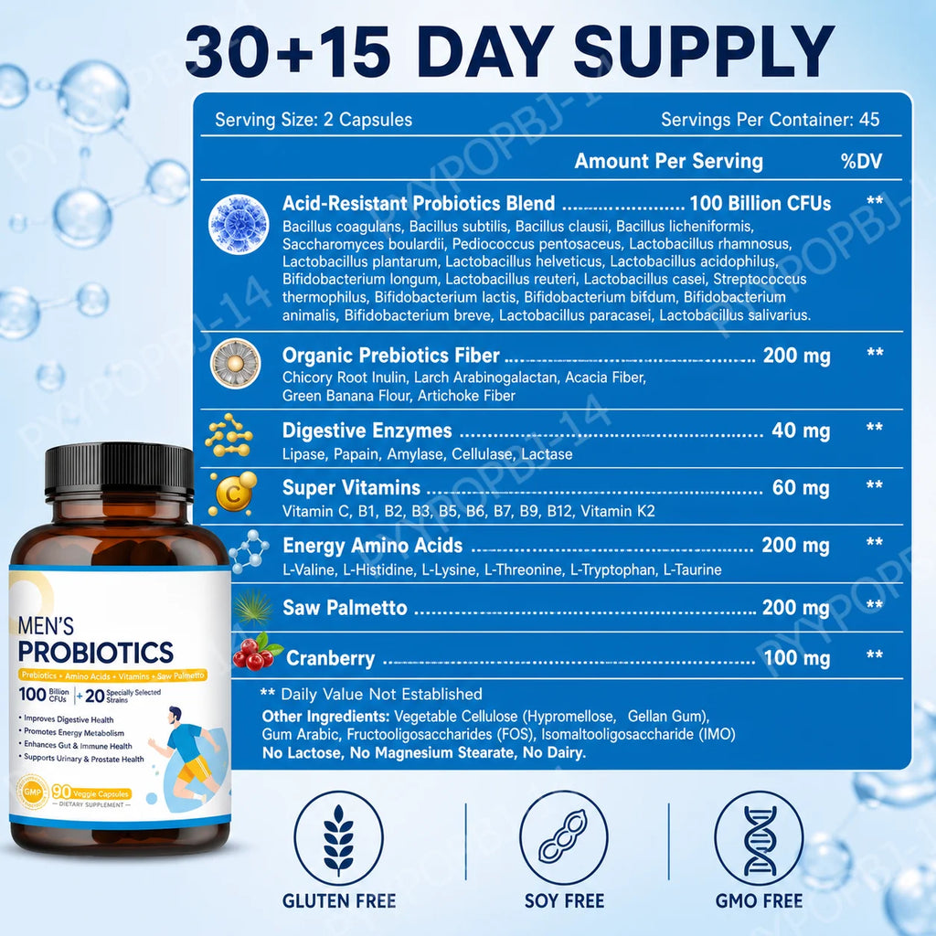 Men’s Probiotic Supplement 100 Billion CFU 20 Strains Prebiotics Digestive Enzymes Vitamins Gut Health Daily Wellness 90 Count