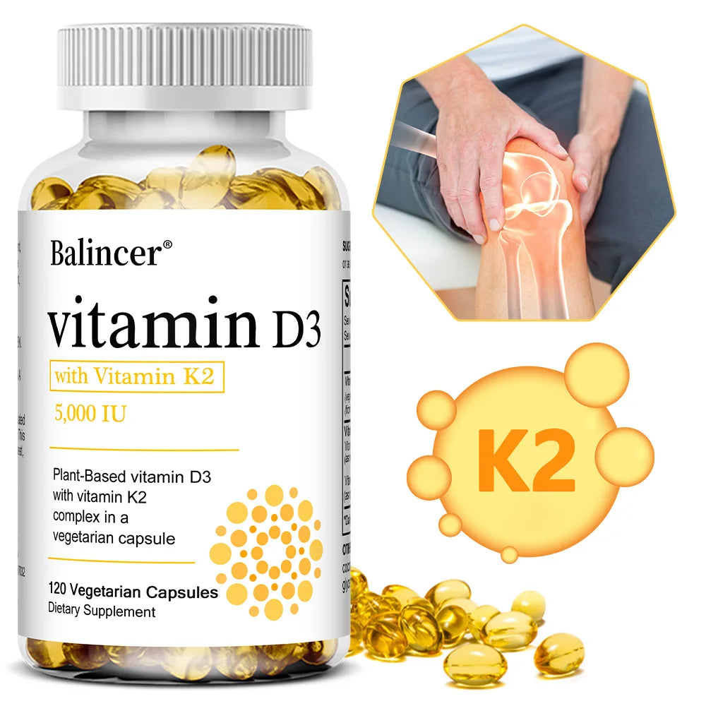 Vitamin D3 5000IU+ K2 (MK7) 1100mcg Capsules - Bone Teeth Joint Heart Circulation & Immunity System Health Support, Vegan