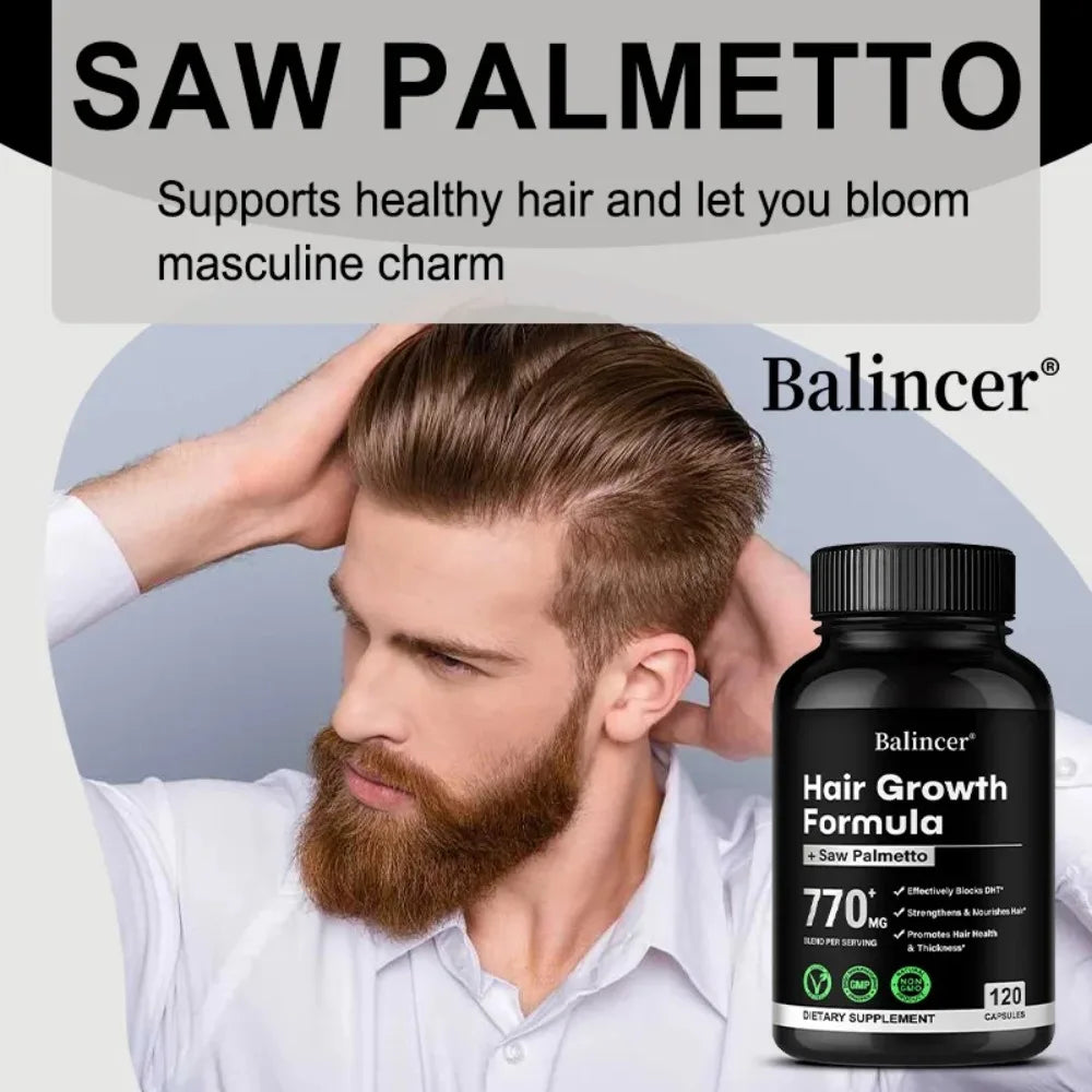 Saw Palmetto, with Biotin, Suitable for Both Men and Women, Promotes Hair Growth and Supports Skin, Nail Health, 120 Capsules