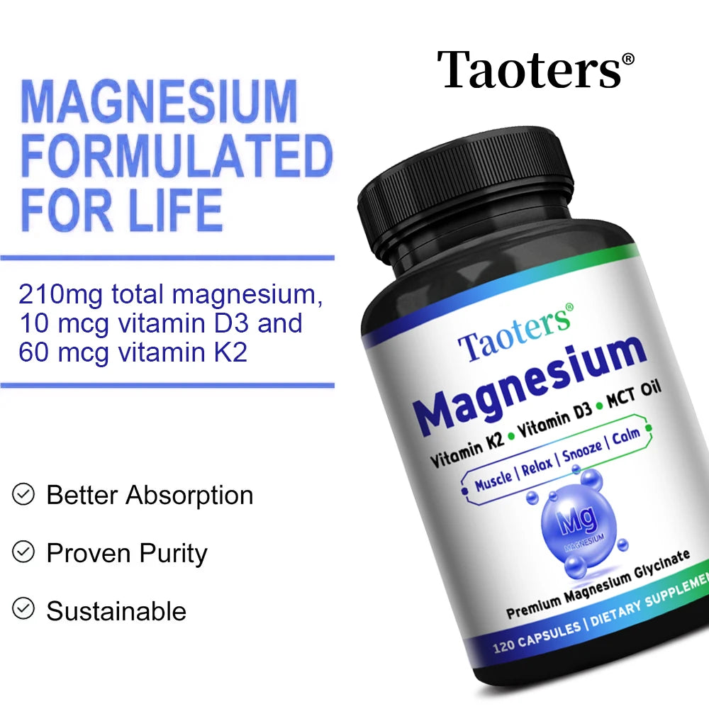 Magnesium Glycinate Capsules - Vitamin K2, D3, Support Bone Joint Wellness, Muscle Recovery, Nerve Mood Balance & Sleep Quality
