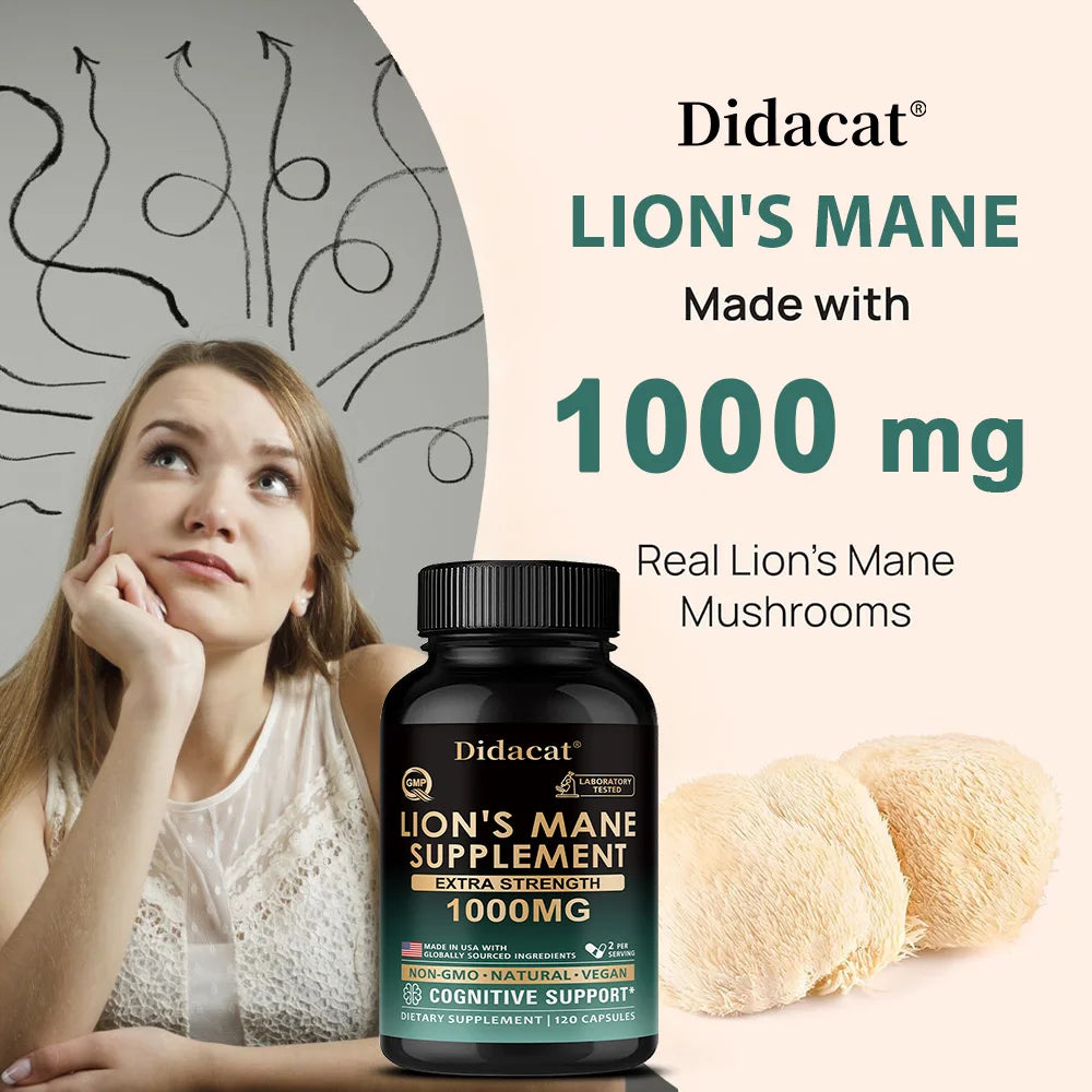 Lion's Mane Mushroom Capsules, Brain Wellness Supplement, Support Memory, Focus, Nerve Health, Mood, Energy & Immune Balance