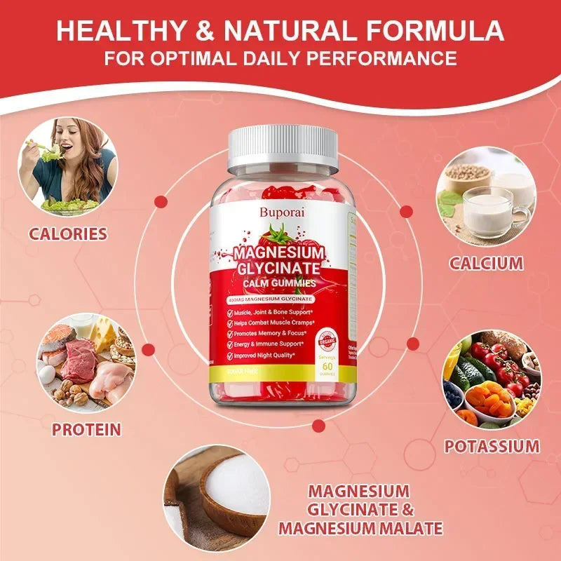 Magnesium Glycinate Gummies - Dietary Supplement, Promotes Muscle, Joint & Bone Health, Relieves Muscle Cramps, Natural Sleep