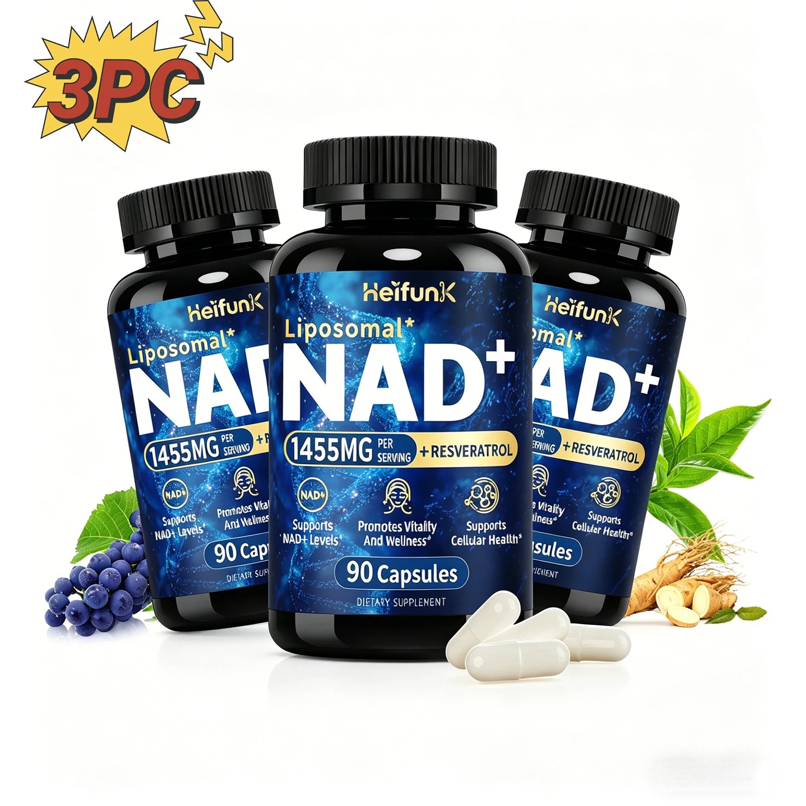 NAD+ Anti Aging Cell Booster Resveratrol Supplement Capsules with Niacinamide Support Cellular Health for Men & Women, Non-GMO