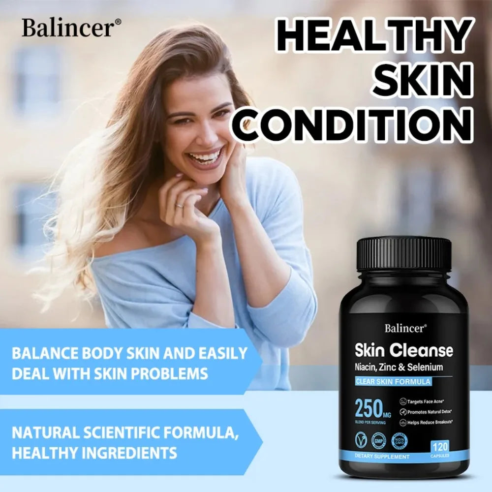 Skin Cleanse Supplements for Men, Women & Teens – Niacin, Zinc & Selenium, Skin Health & Immune Support – 120 Vegan Capsules