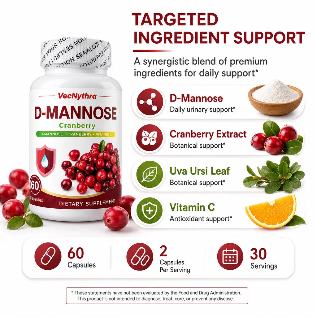 VecNythra Cranberry D-Mannose Supplement with Vitamin C Uva Ursi Leaf Extract for Women 60 Capsules 30 Day Supply