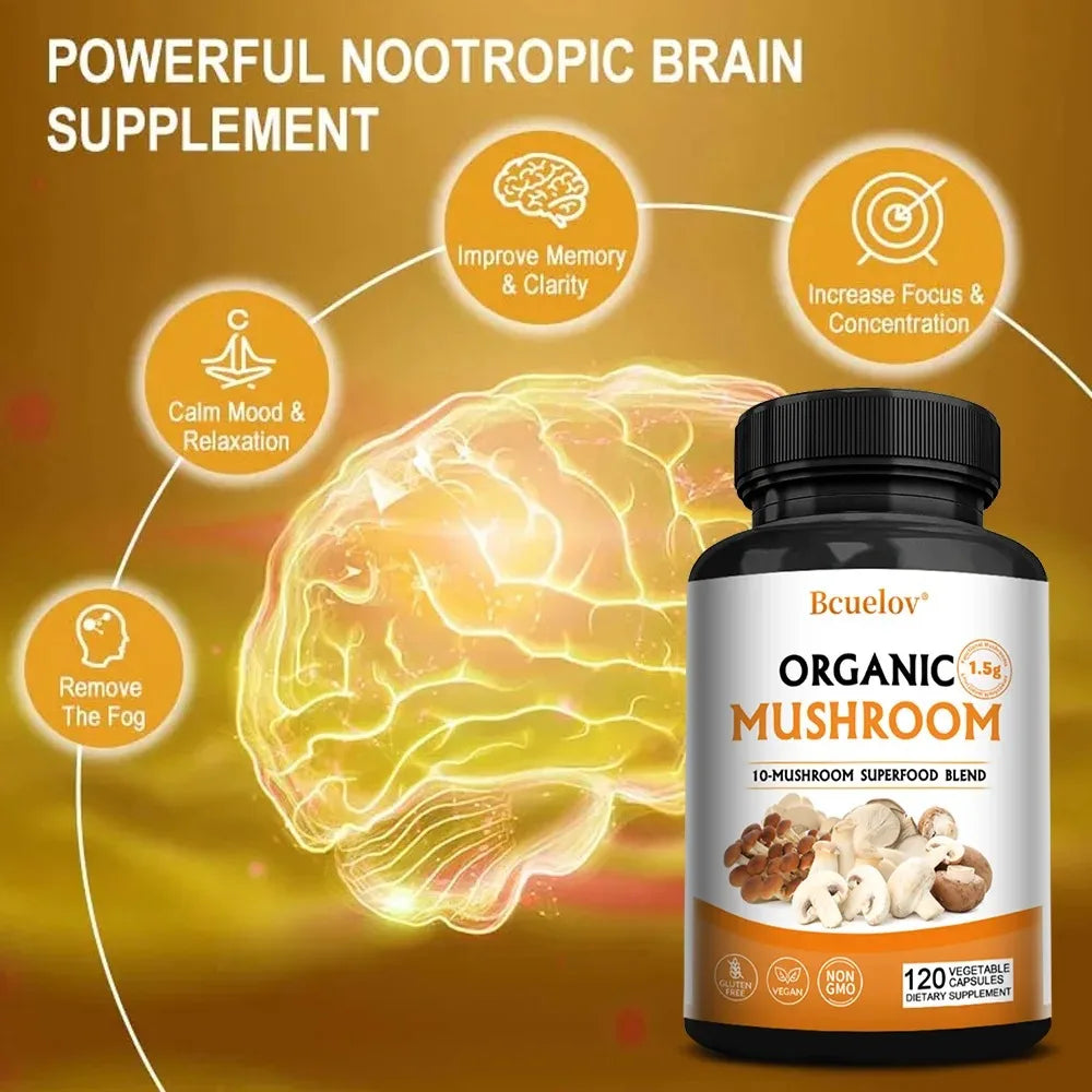 Mushroom Complex Capsules Supplement Support Immunity and Focus Health Boost Memory Protect Brain Nerves for Men Women