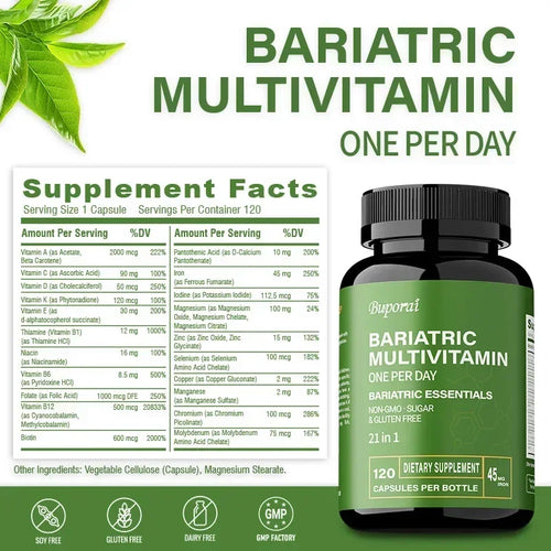 Bariatric Multivitamin Supplement - Maintaining Energy Levels, Promote Bone and Overall Health - Contains 21 Vitamins & Minerals