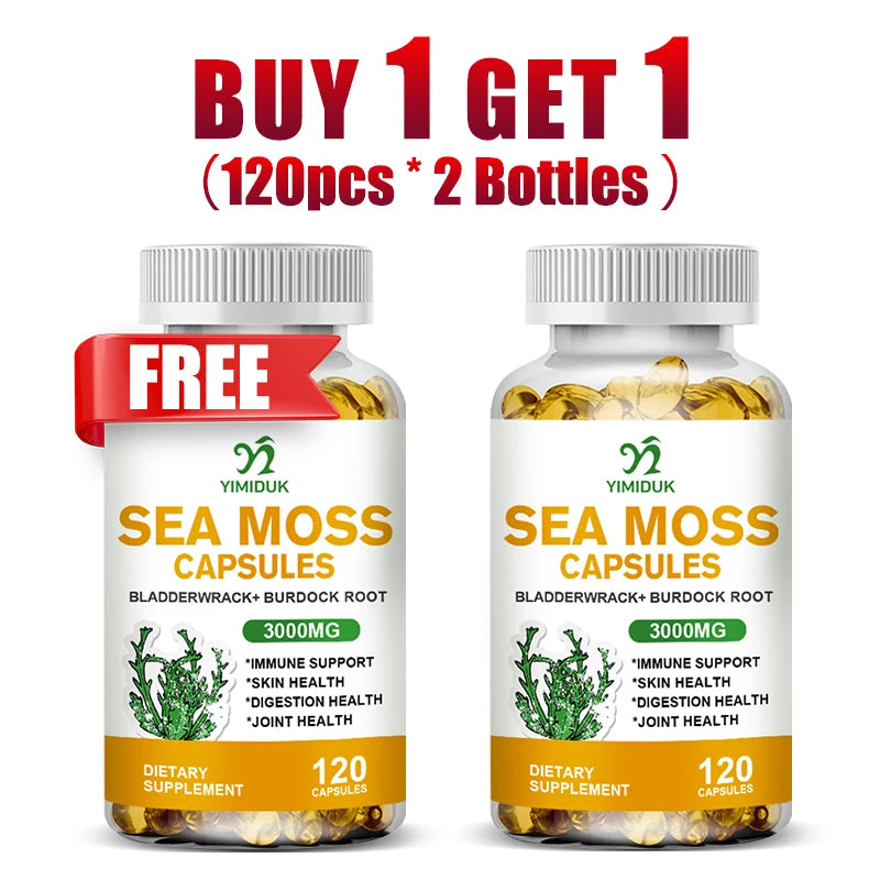 Buy 1 Get 1 Free! Organic Sea Moss Supplement, for Thyroid & Skin Health, Boosts Immunity, Energy & Digestion, GMP Certified