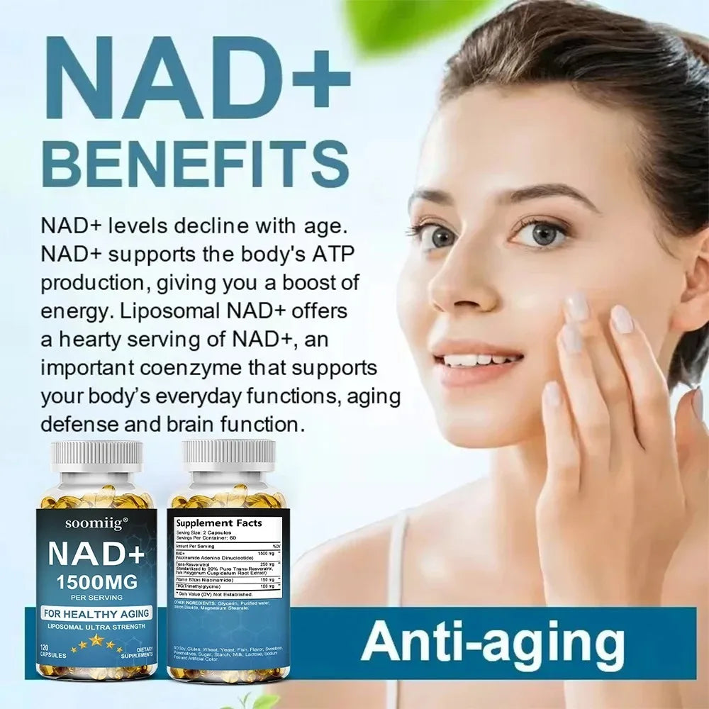 NAD+ Supplement-with Trans-Resveratrol, Support Skin Health, Cell Repair, Brain Cognition, Anti-Aging, Antioxidant, 120 Capsules