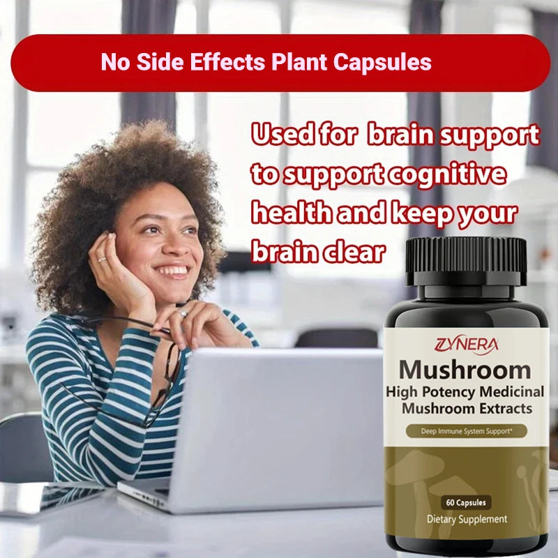 Mushroom Complex Capsules Supplement Support Immunity and Focus Health Boost Memory Protect Brain Nerves for men women stressful