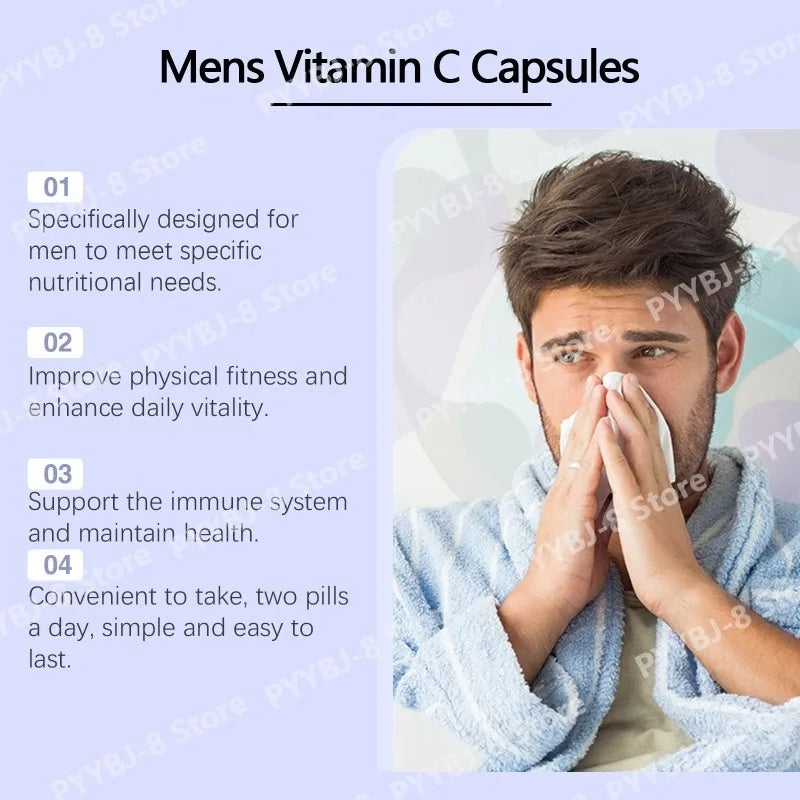 Men's VitaminC Capsule 120Count Dietary Supplement with Sodium Support Skin Hair Health Enhanced Immunity & Nutrient Absorption