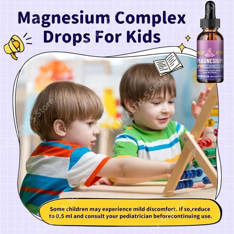 Kids Liquid Drops, Magnesium Glycinate with L-theanine Omega-3 Vitamin B6 D3 for Supports Bone Health and Relaxation 60 Ml