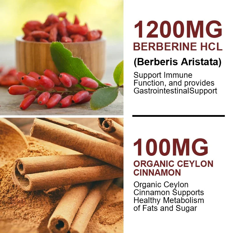 Premium Berberine + Ceylon Cinnamon Supplement, Supports Cardiovascular Health, Glucose Balance, Immunity & Digestive Wellness