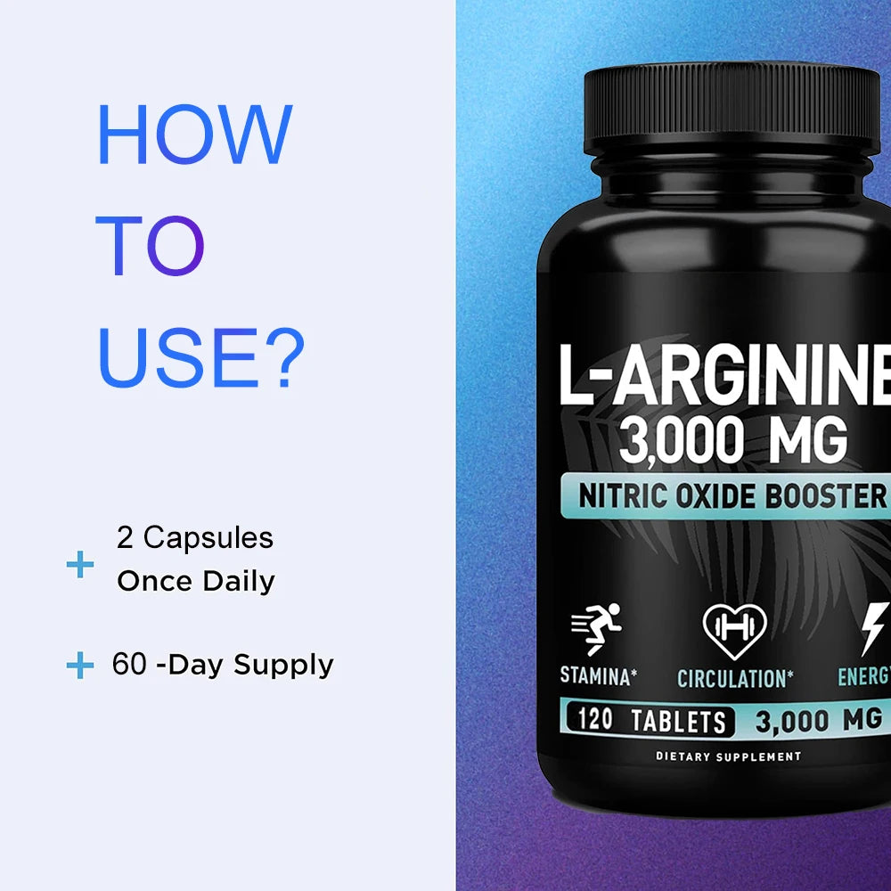 L Arginine 3000mg for Men Women, Muscle Mass Supplement for Endurance, Energy and Heart Health Support During Exercise, Non-GMO
