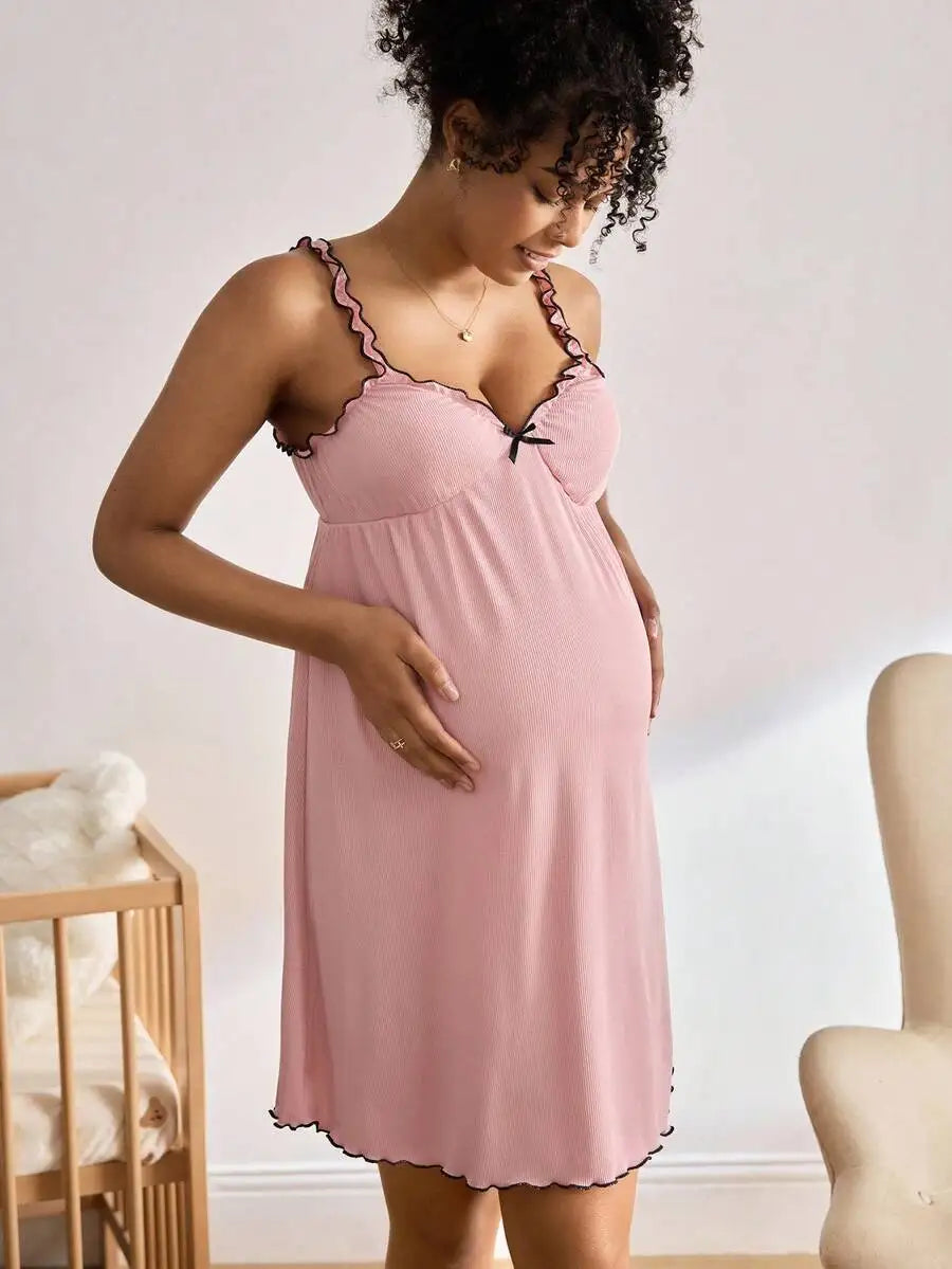 Maternity Nursing Nightgown With Ruffle Trim And Bowknot Detail