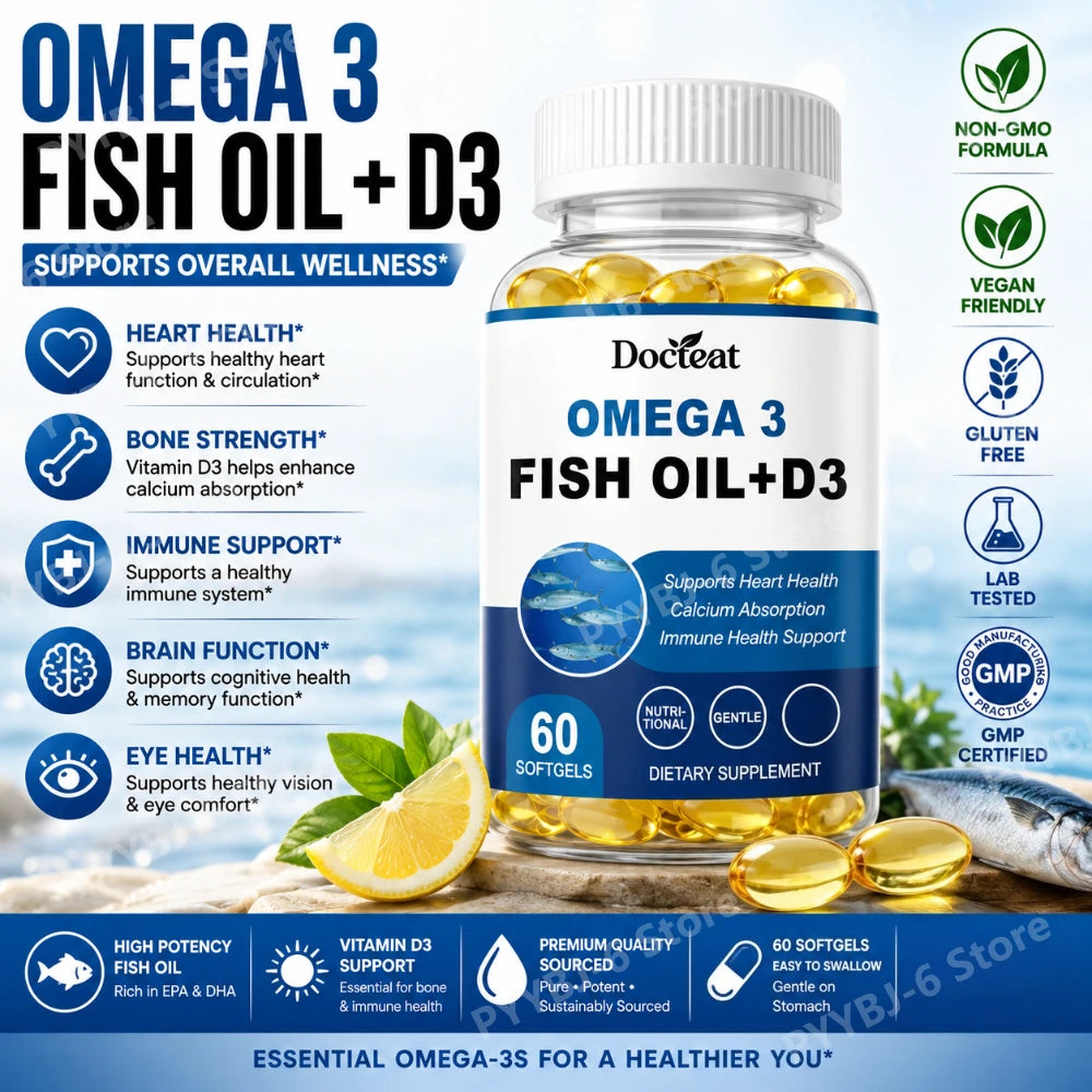 Omega-3 Fish Oil Supports Cardiovascular Wellness Calcium Absorption Immune Health 60 Softgels Nutritional Dietary Supplement