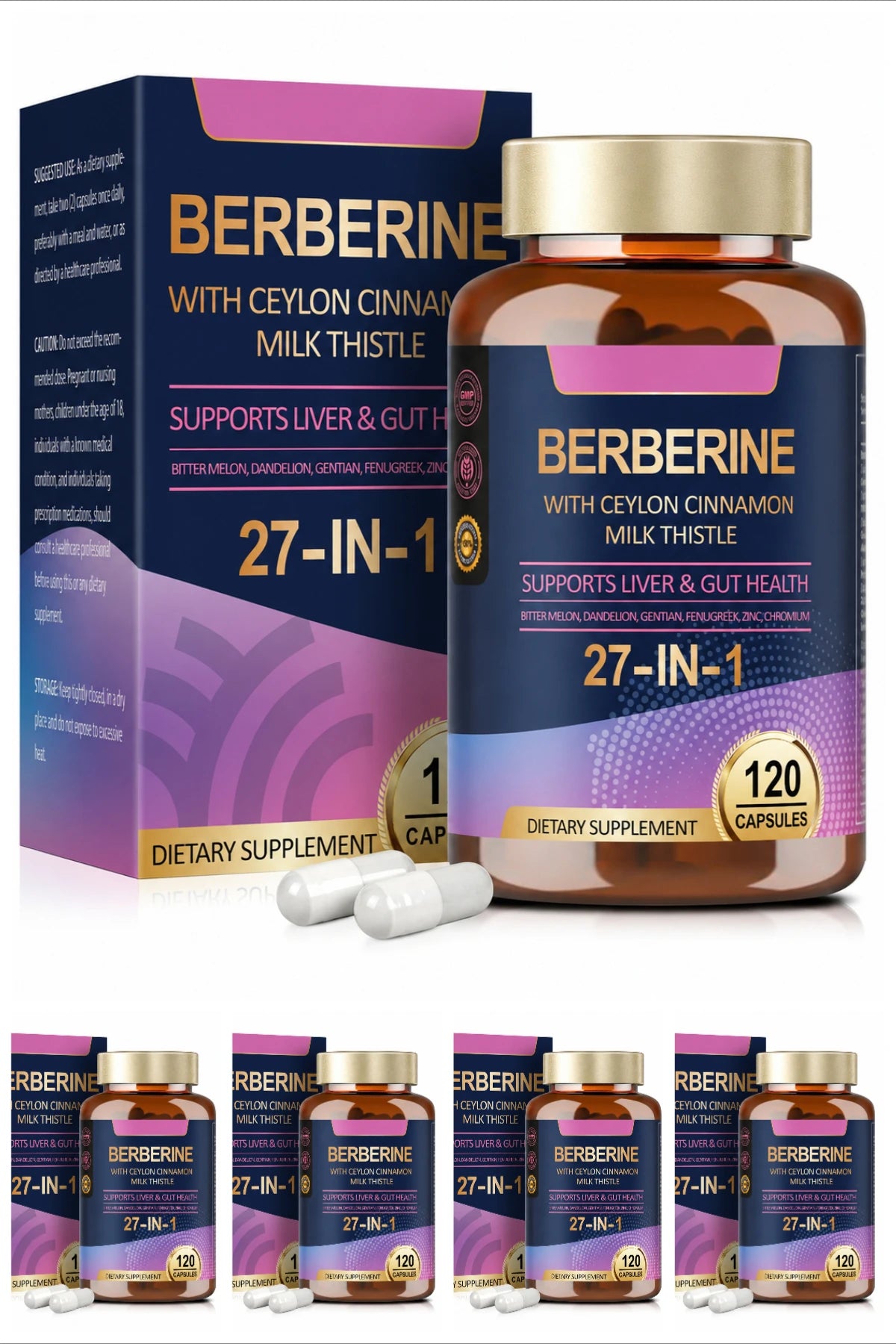 27 in 1 Berberine Supplement with Ceylon Cinnamon, Milk Thistle for Liver Gut Health Immunity Men & Women 120 Vegan Capsules
