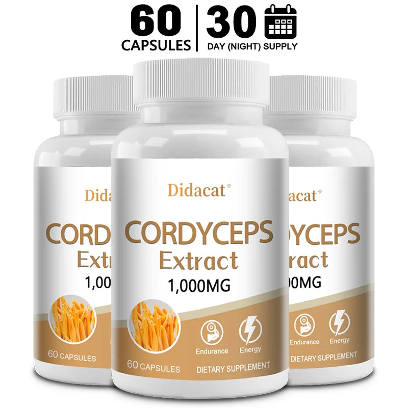 Natural Cordyceps 1000 Mg Supplement - Non-GMO 120 Capsules, Stamina and Energy Support, Helps Immune & Cardiovascular Health