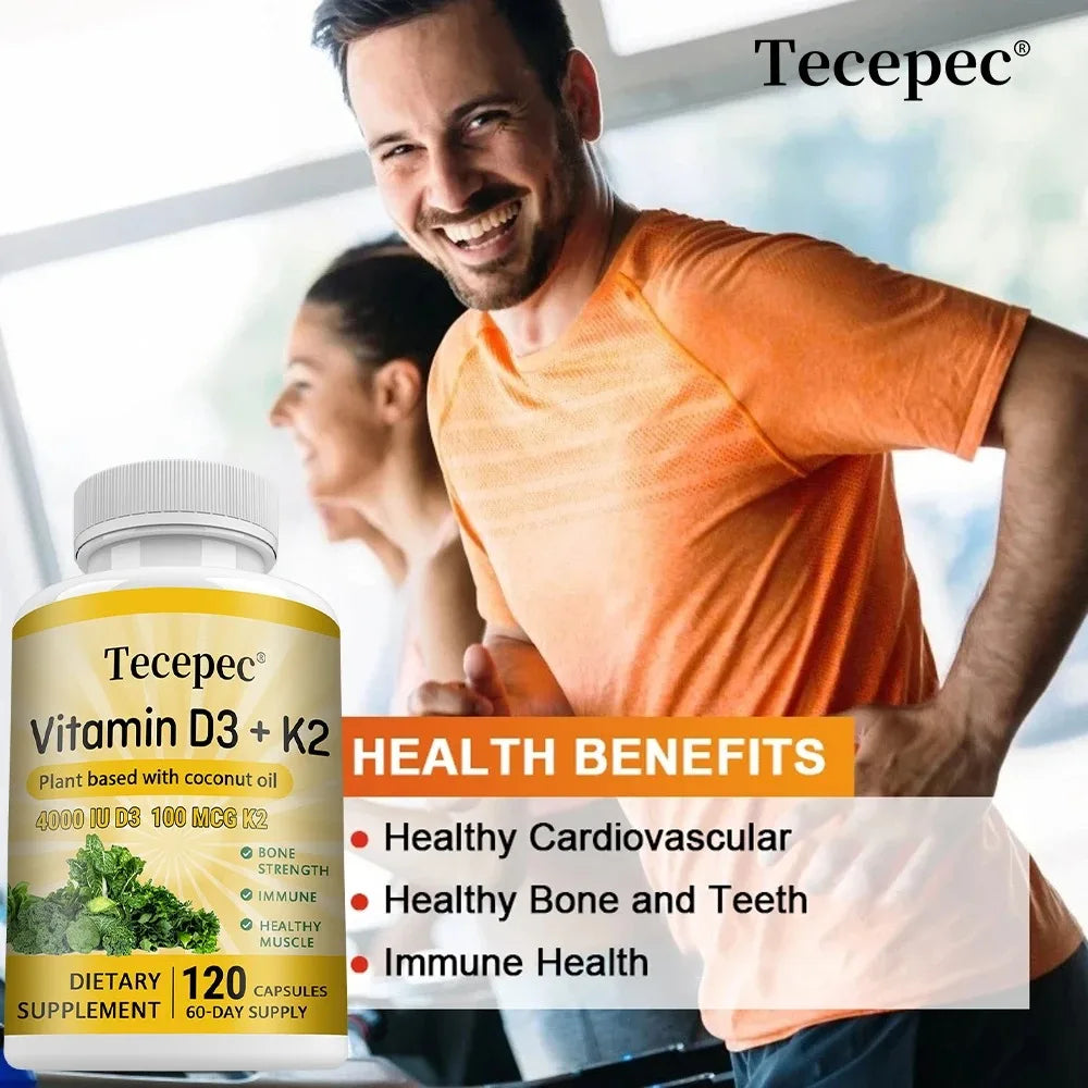 Vitamin D3 + K2, Supports Bone, Teeth, Digestion, Immune & Heart Health, Non-GMO, Dietary Supplement, 120 Capsules