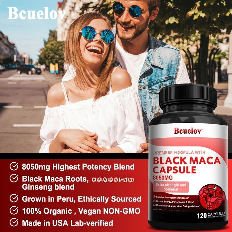 Powerful Black Maca Supplement for Men and Women, Improve Energy, Endurance, Muscle Mass Health, Maca Root Vegan Capsule