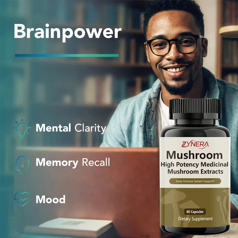 Mushroom Complex Capsules Supplement Support Immunity and Focus Health Boost Memory Protect Brain Nerves for men women stressful