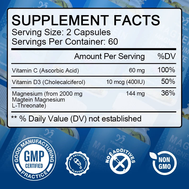 Magnesium L-Threonate Capsules With Vitamin C, Support Focus, Calming Sleep & Brain Health Formula, Men & Women