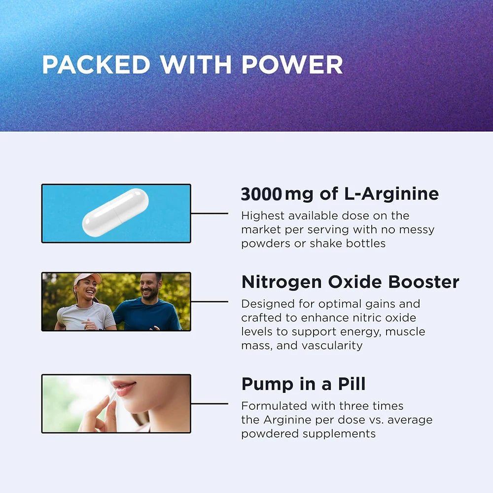 L Arginine 3000mg for Men Women, Muscle Mass Supplement for Endurance, Energy and Heart Health Support During Exercise, Non-GMO