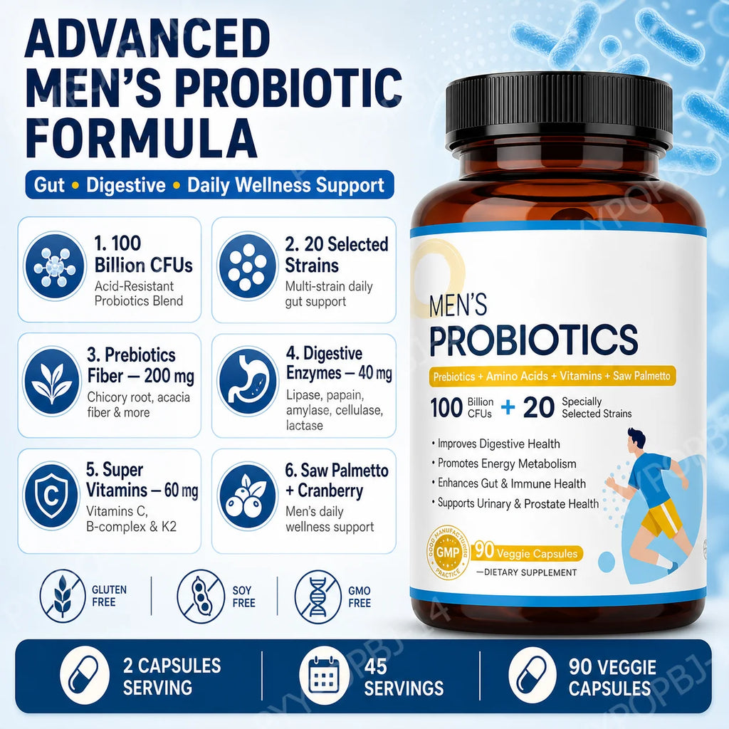 Men’s Probiotic Supplement 100 Billion CFU 20 Strains Prebiotics Digestive Enzymes Vitamins Gut Health Daily Wellness 90 Count