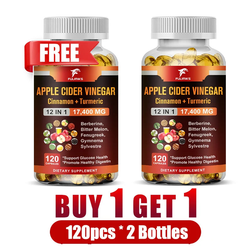 Buy 1 Get 1 Free! Premium Apple Cider Vinegar Supplement, for Natural Weight Management, Digestion Aid & Blood Sugar, Non-GMO